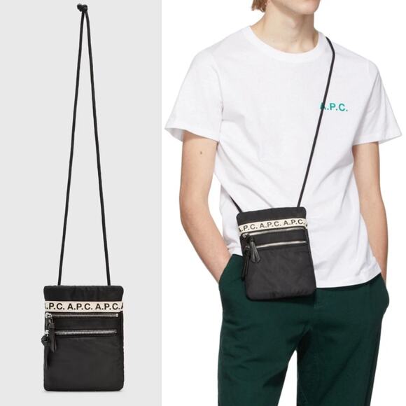 A.P.C. Black Nylon Logo Repeat Neck Pouch Crossbody Bag - Picture 1 of 13